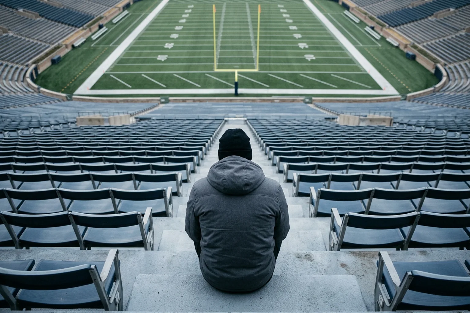 A single fan sitting alone high in an empty tier of stadium seating, seen from behind