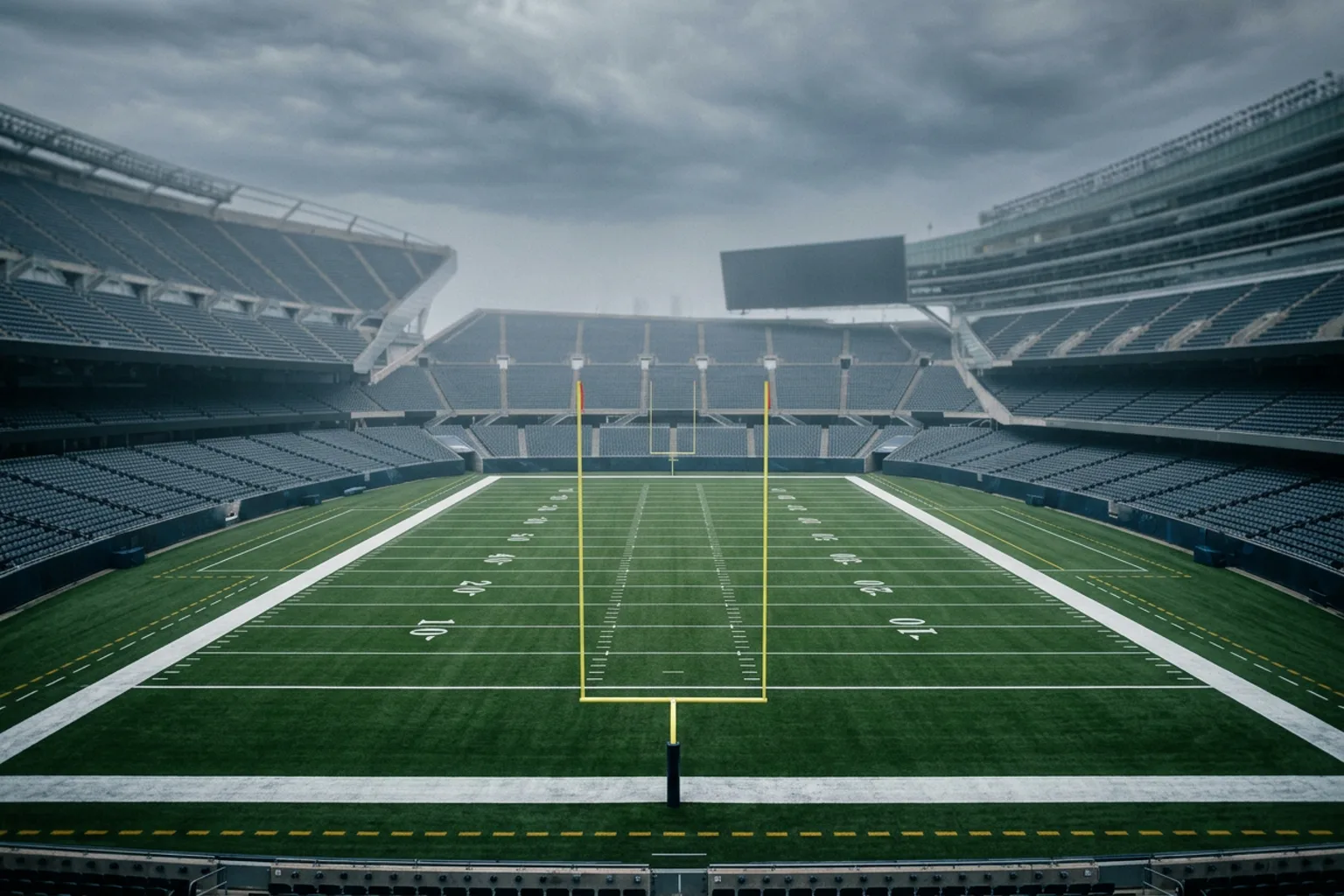 An empty open-air stadium bowl and marked American football field under gray overcast light
